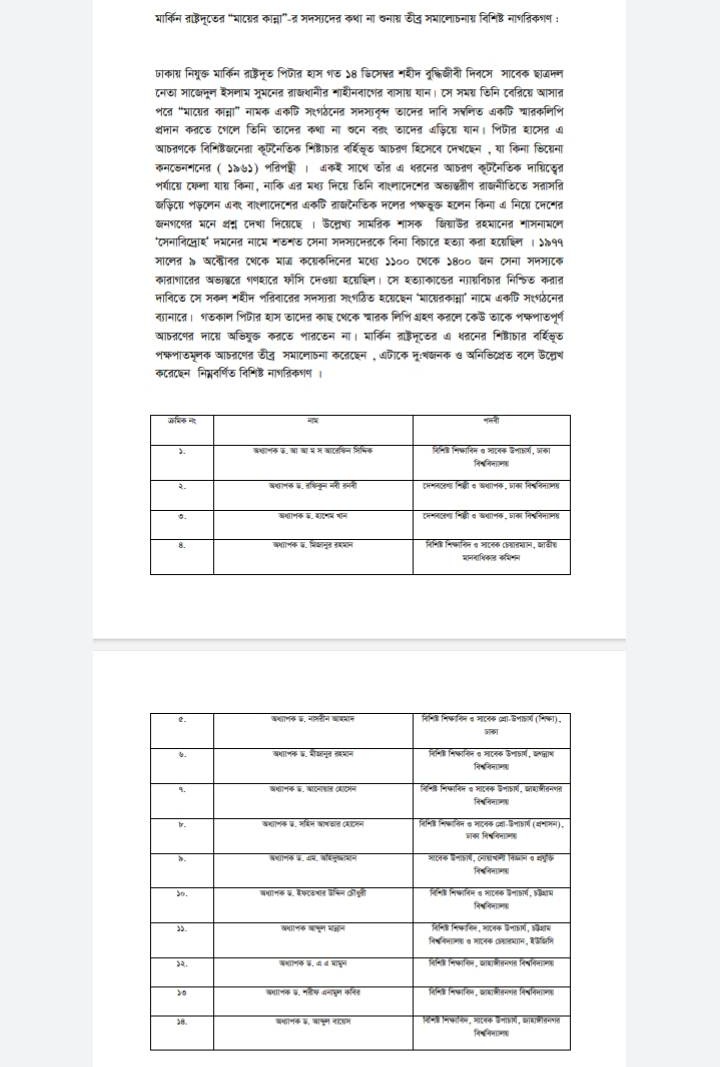 বুধবার (১৪ ডিসেম্বর) মার্কিন রাষ্ট্রদূত পিটার ডি হাস বিএনপি সমর্থিত ‘মায়ের ডাক’ একটি সংগঠনের আহ্বানে রাজধানীর শাহীনবাগ এলাকায় যান। সেখানে ‘‘মায়ের কান্না ‘’ নামক আরেক সংগঠন ১৯৭৭-৭৮ সালে গুম হওয়া ব্যাক্তিদের বিষয়টি মানবাধিকার লংঘন দাবি করে একটি স্মারকলিপি প্রদানের চেষ্টা করেন।